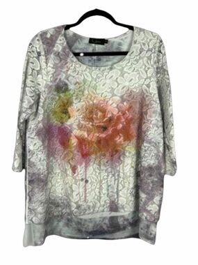 Goa Floral Lace Ombre Tie Dye 3/4 Sleeve Round Neck Top Medium White Grey